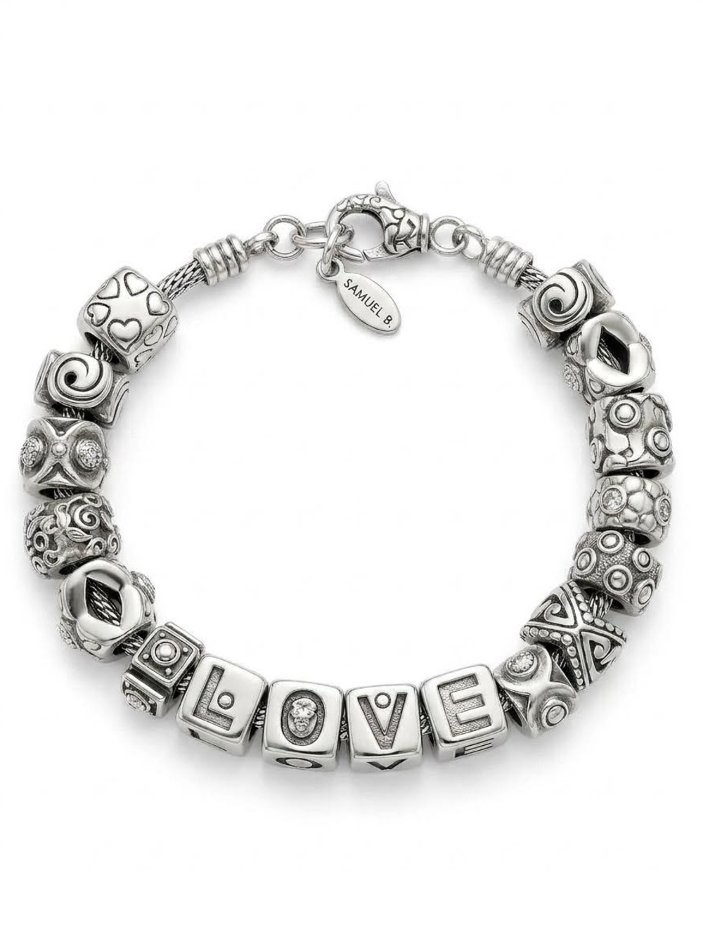 Samuel B BJC Sterling Silver 925 18K Gold LOVE Charm Bracelet Bali
